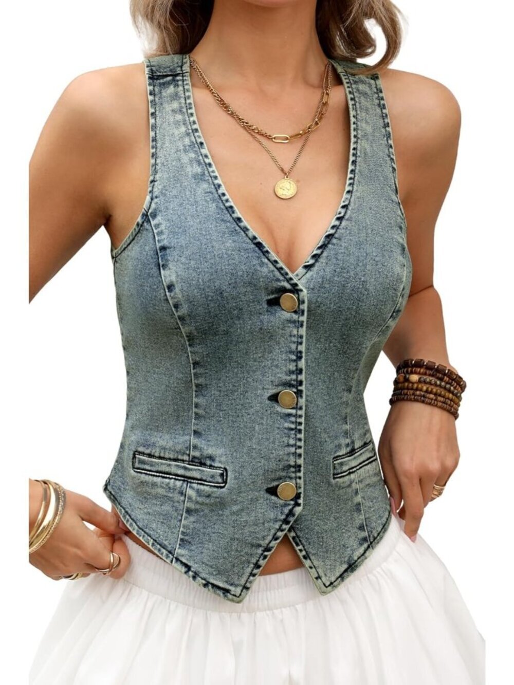 Women's Vintage Denim V Neck Cropped Denim Vest Jean With Faux Pockets